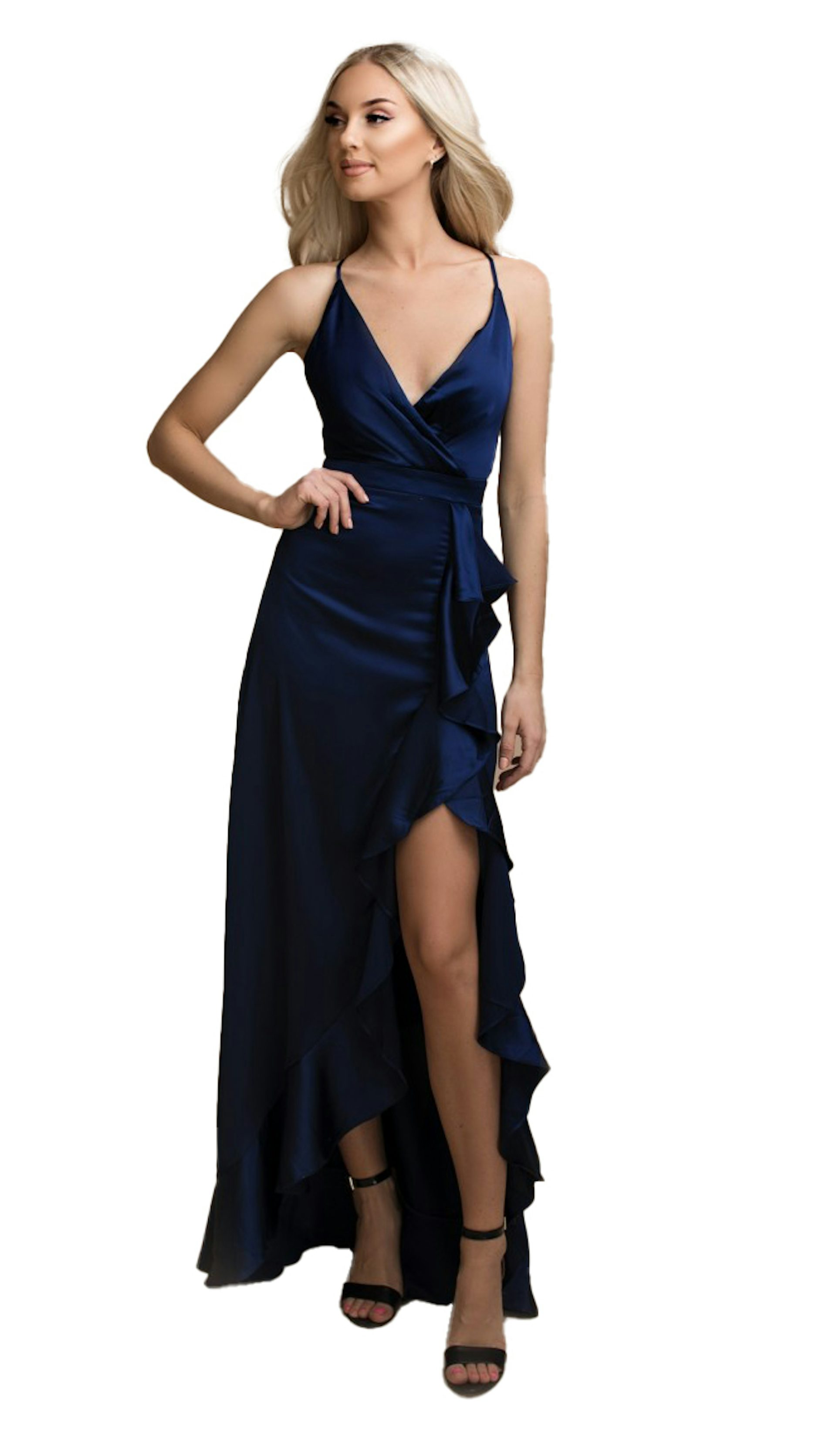 Blauwe feestjurk met split - 5972 - Downtown Girl