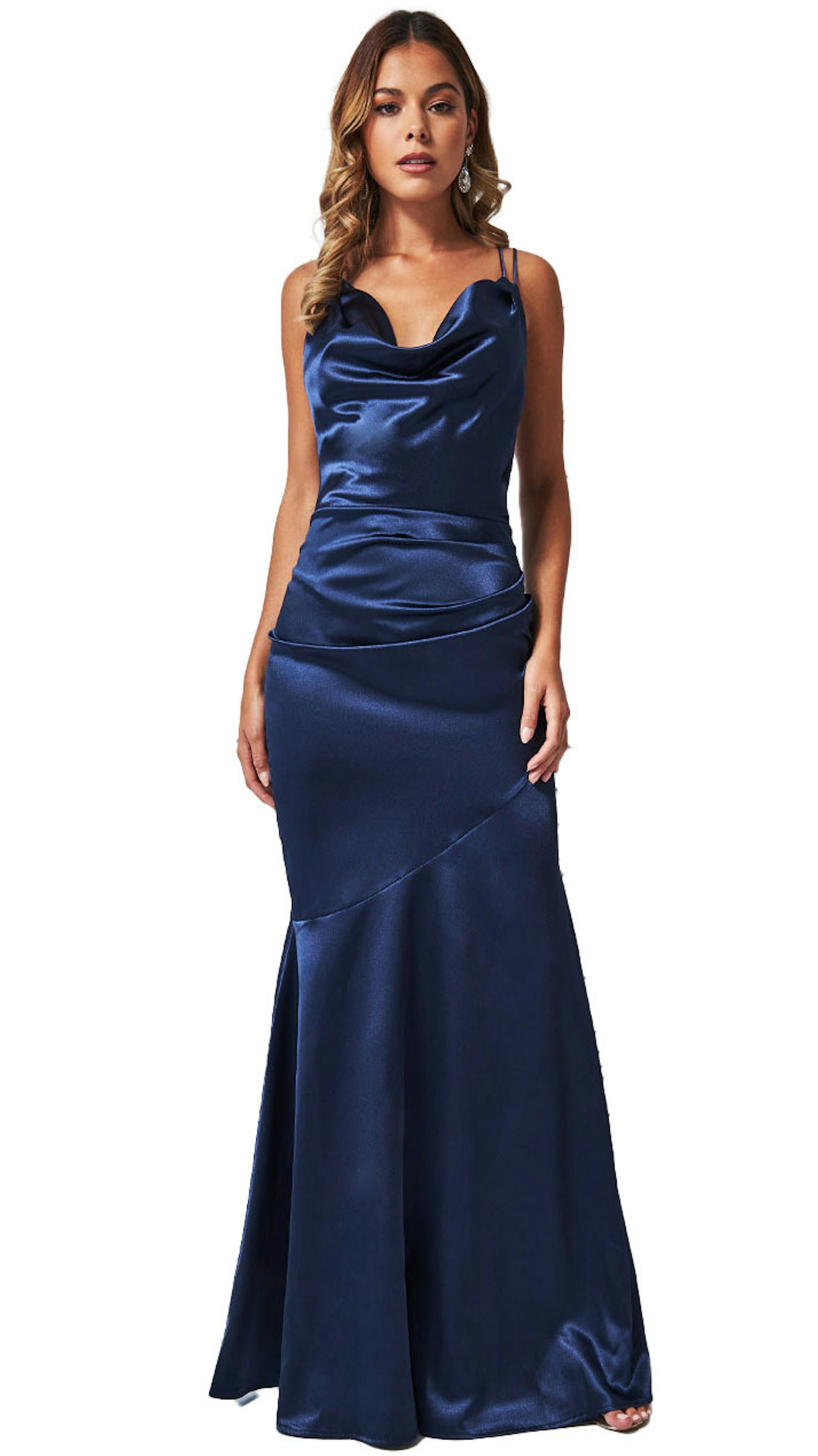 Blauwe satijnen feestjurk - 6435 - City Goddess galajurken en cocktailjurken
