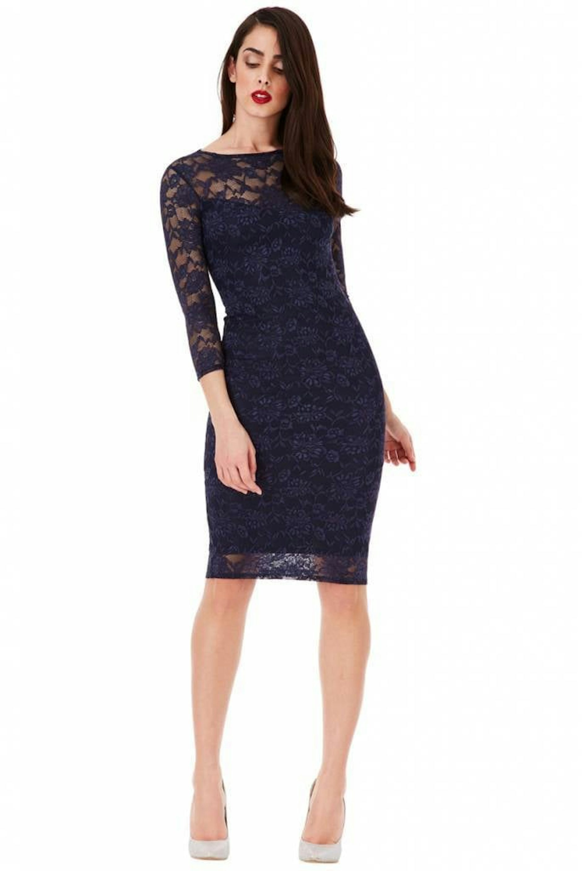 Cocktailjurk navy kant met lange mouw - City Goddess galajurken en cocktailjurken